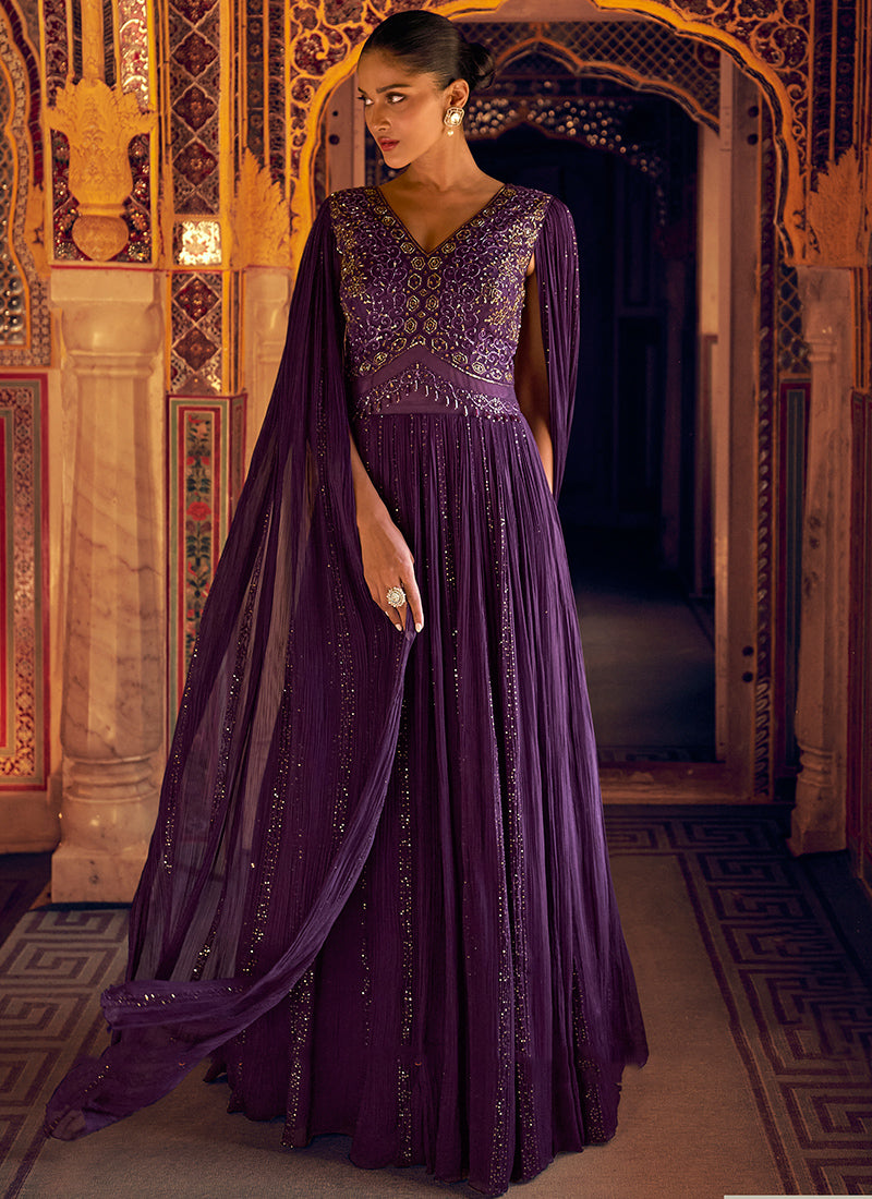 Purple  Jaquard Silk Sequins Work  Party Wear Readymade Gown SW544590