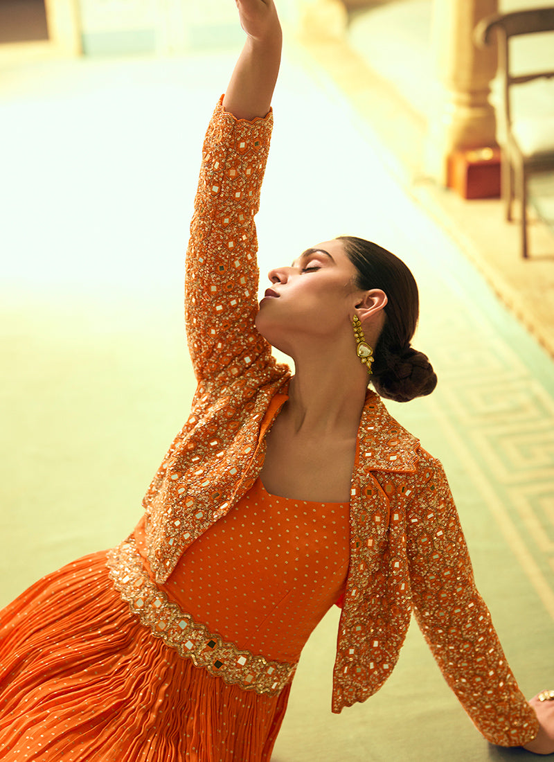 Orange Jaquard Silk Sequins Work  Party Wear Readymade Gown SW242529