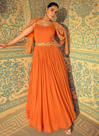 Orange Jaquard Silk Sequins Work  Party Wear Readymade Gown SW242529