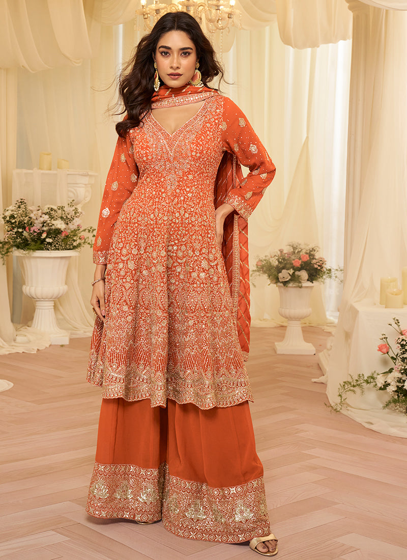Rust Orange Georgette Embroidery Work Wedding Wear Readymade Plazzo Suit SW866675