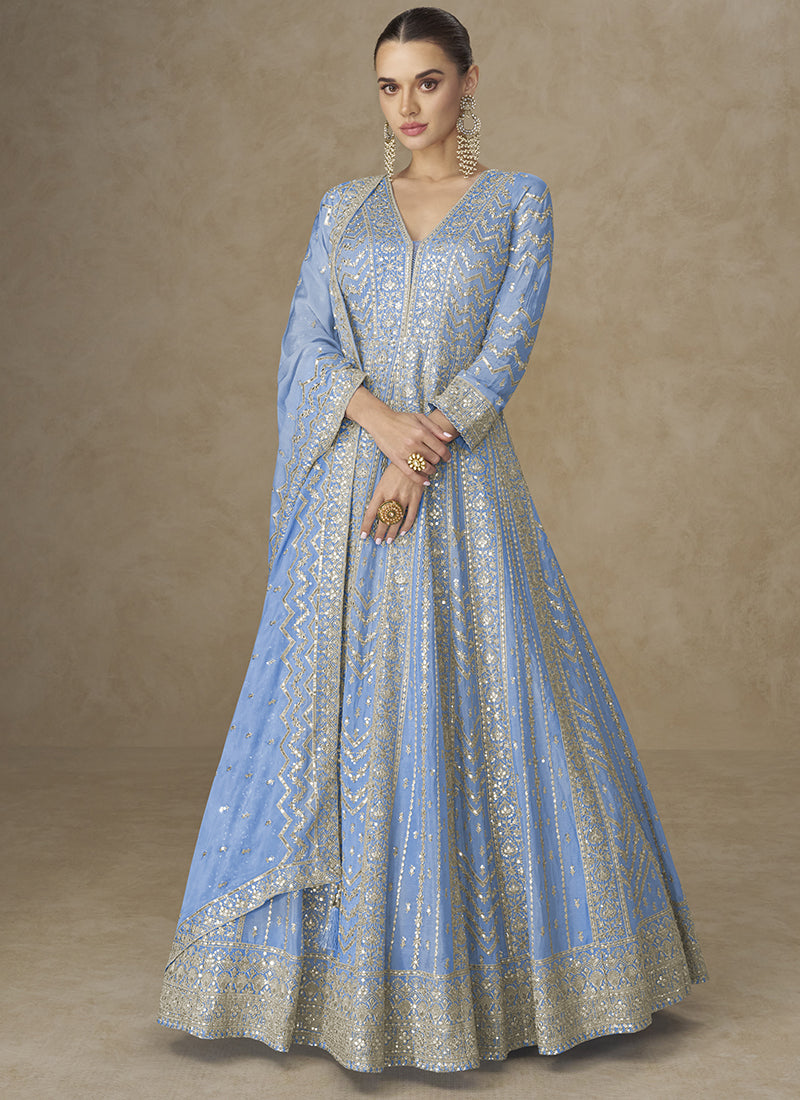 Sky Blue Chinon Silk Embroidery Work Wedding Wear Readymade Anarkali Suit SW631634