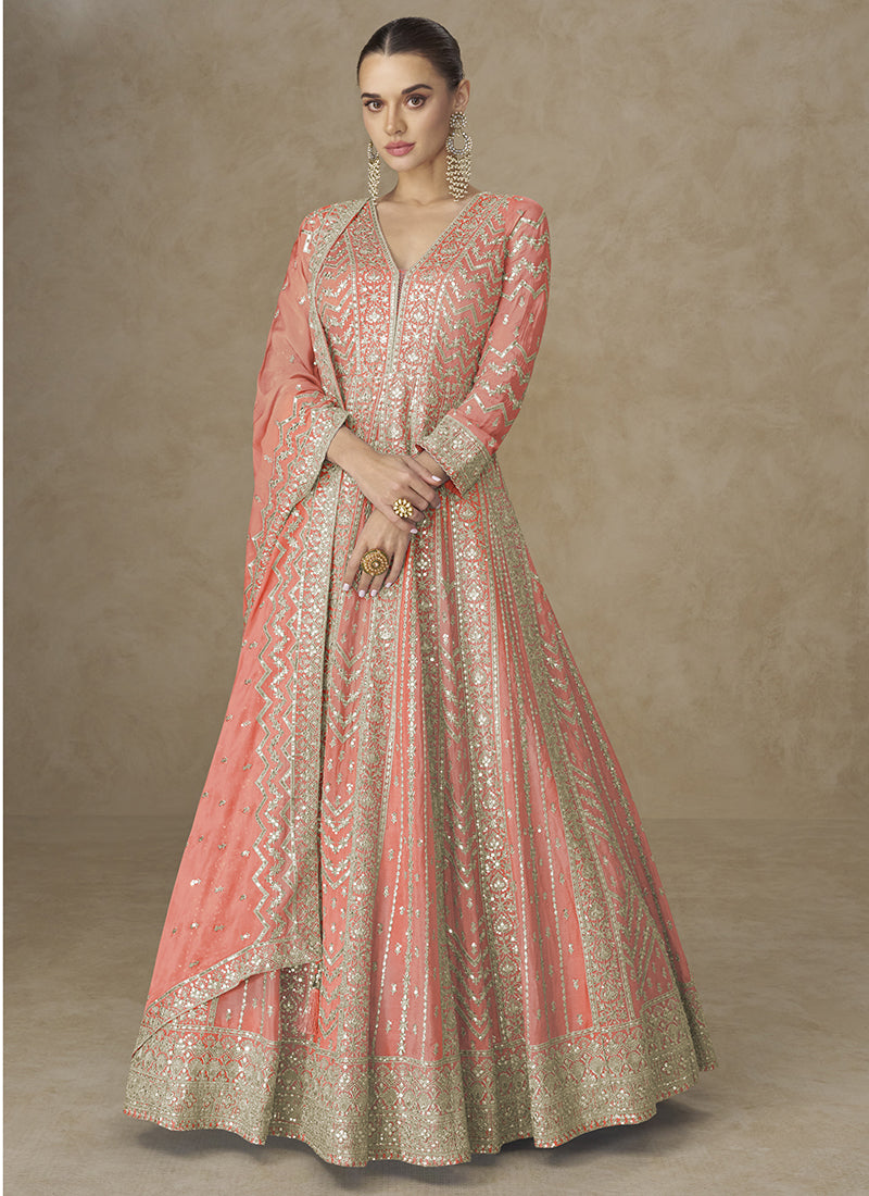 Orange Chinon Silk Embroidery Work Wedding Wear Readymade Anarkali Suit SW527627