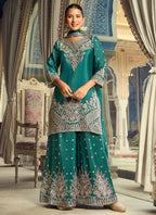 Green Chinon Silk Sequins Work  Eid Wear Readymade Plazzo Suit SW112876