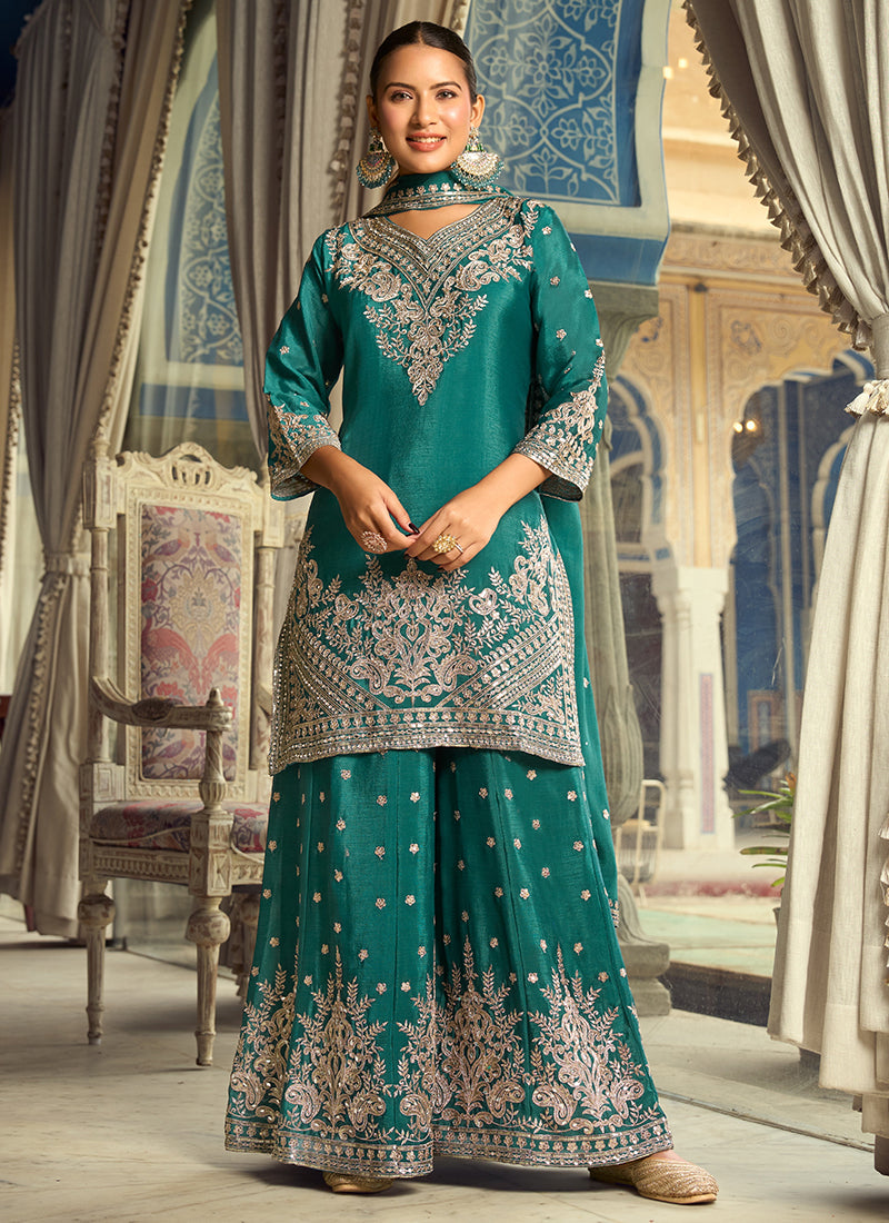 Green Chinon Silk Sequins Work  Eid Wear Readymade Plazzo Suit SW112876