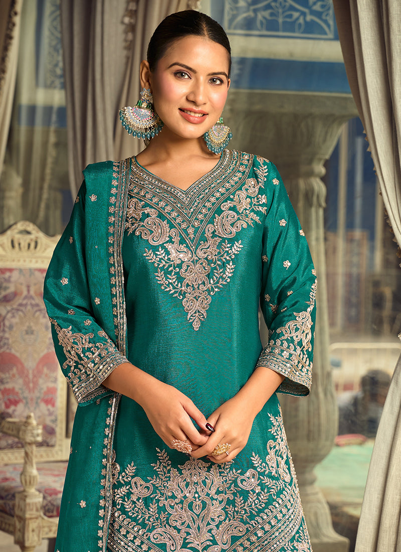 Green Chinon Silk Sequins Work  Eid Wear Readymade Plazzo Suit SW112876