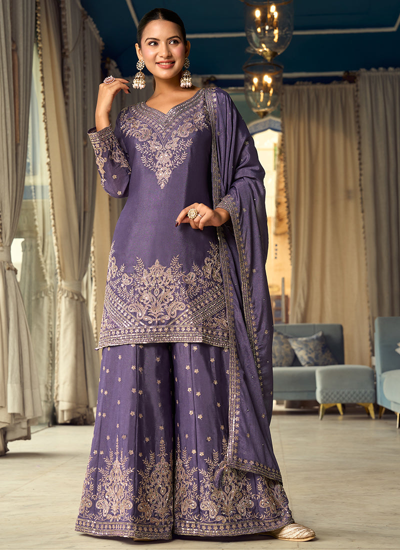 Purple Chinon Silk Sequins Work  Eid Wear Readymade Plazzo Suit SW673817