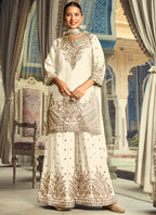 Off White Chinon Silk Sequins Work  Eid Wear Readymade Plazzo Suit SW656737
