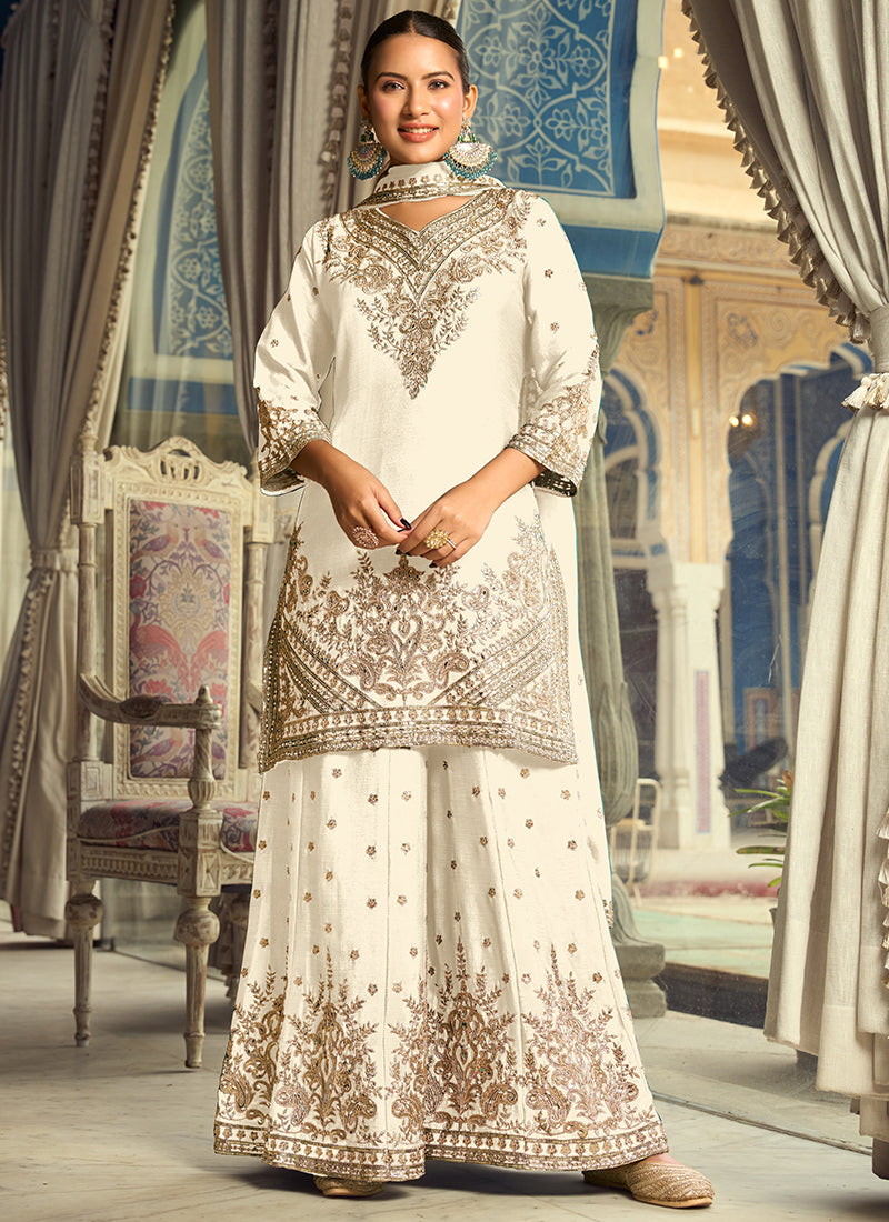 Off White Chinon Silk Sequins Work  Eid Wear Readymade Plazzo Suit SW656737