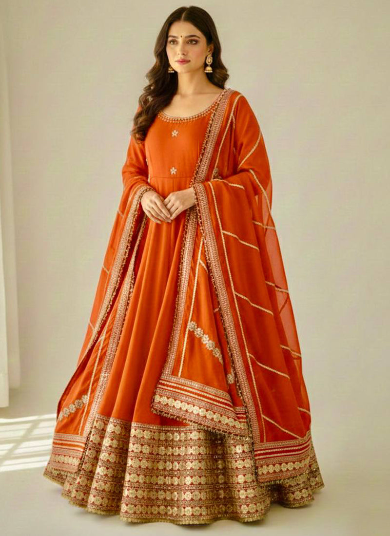 Orange  Chinon Silk Embroidery Work Festival Wear Readymade Gown SW482878