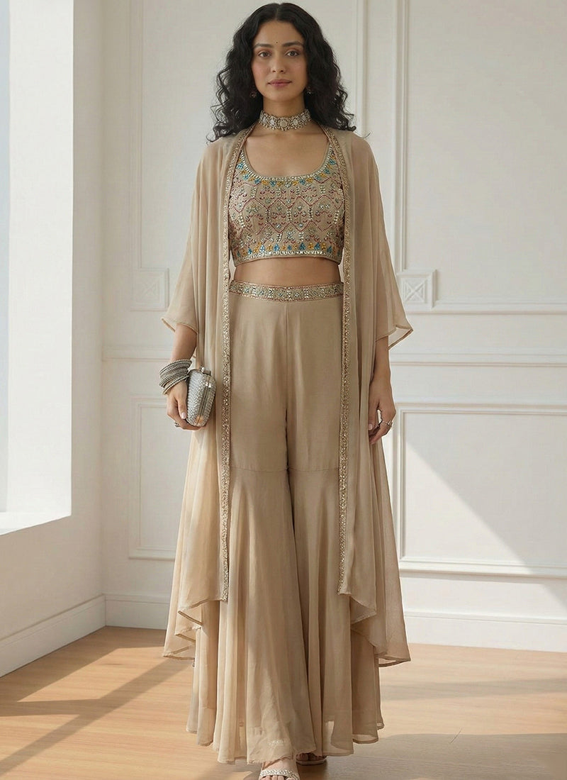 Cream Georgette  Sequin Work Festival Wear Readymade Plazzo Suit SW382932