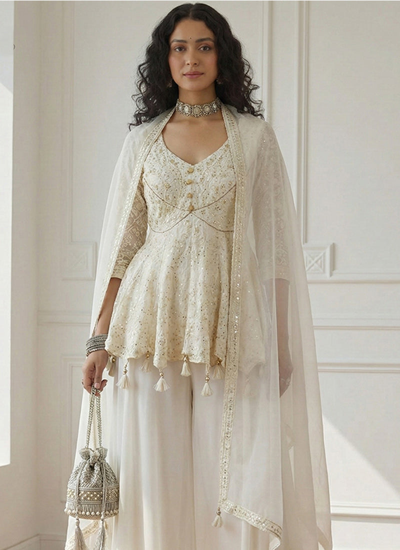 White Georgette  Sequin Work Festival Wear Readymade Plazzo Suit SW719020