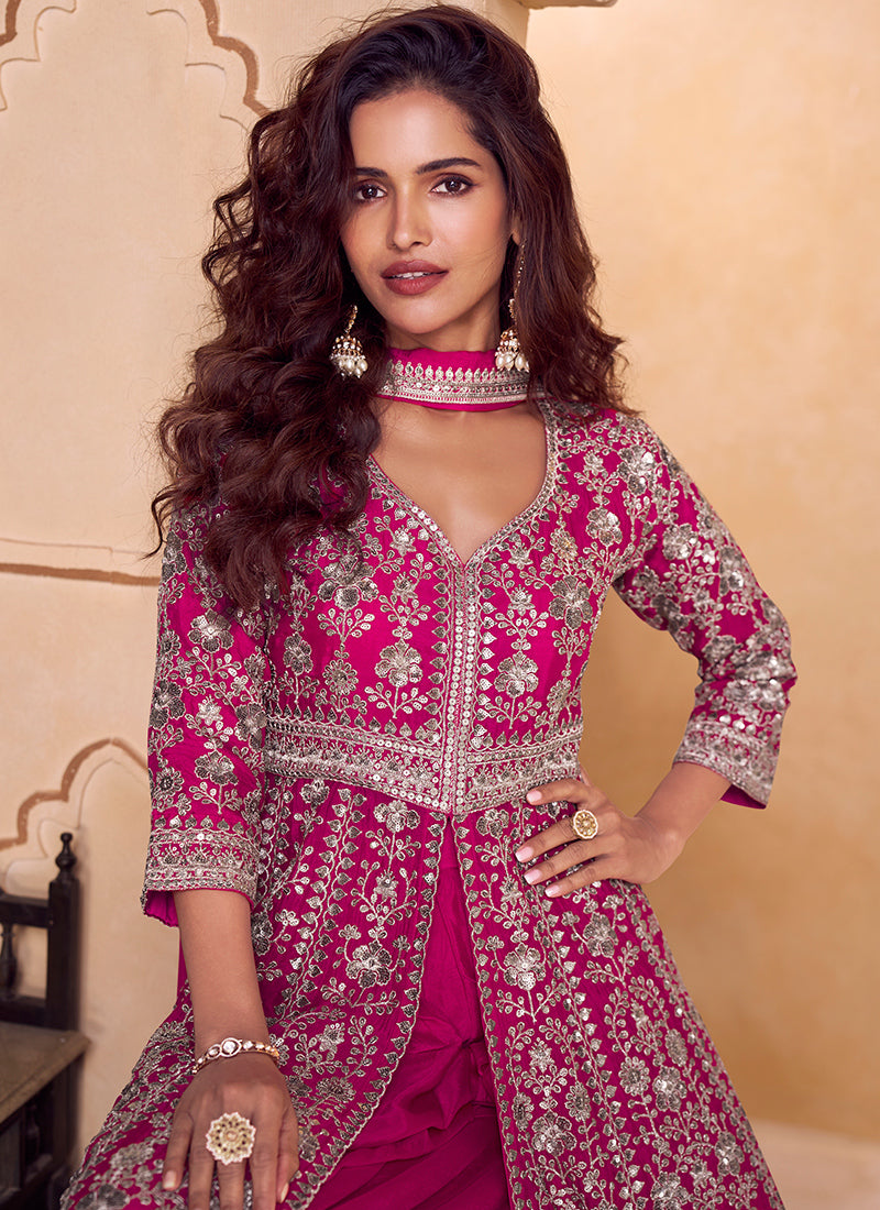 Magenta Chinon Sequins Work  Wedding Wear Readymade Designer Suit SW427340