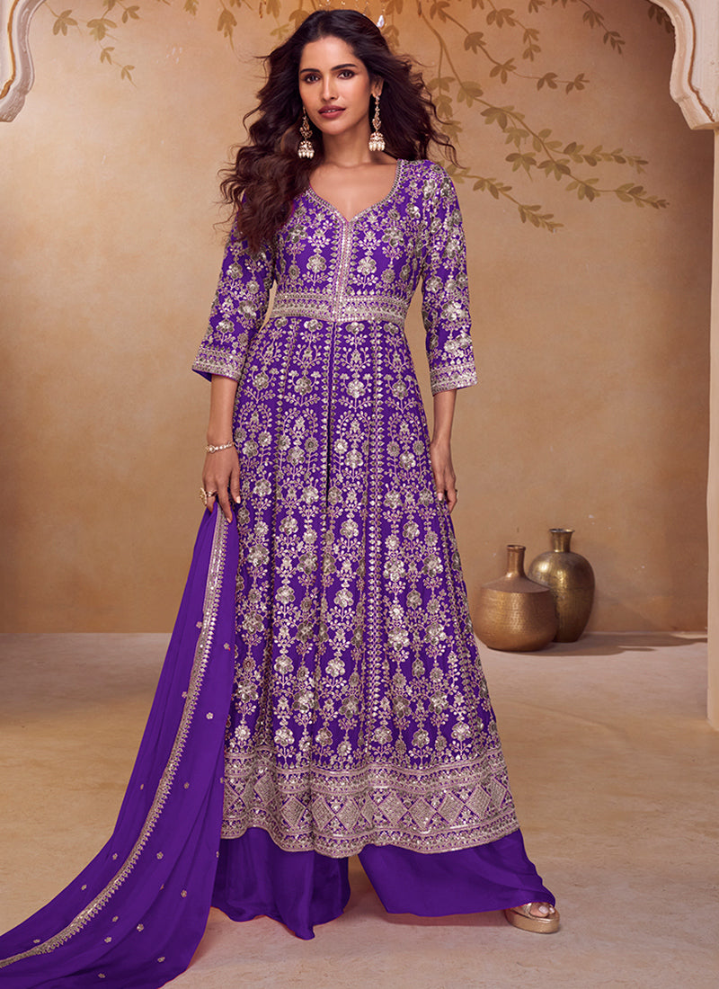 Purple Chinon Sequins Work  Wedding Wear Readymade Designer Suit SW898059