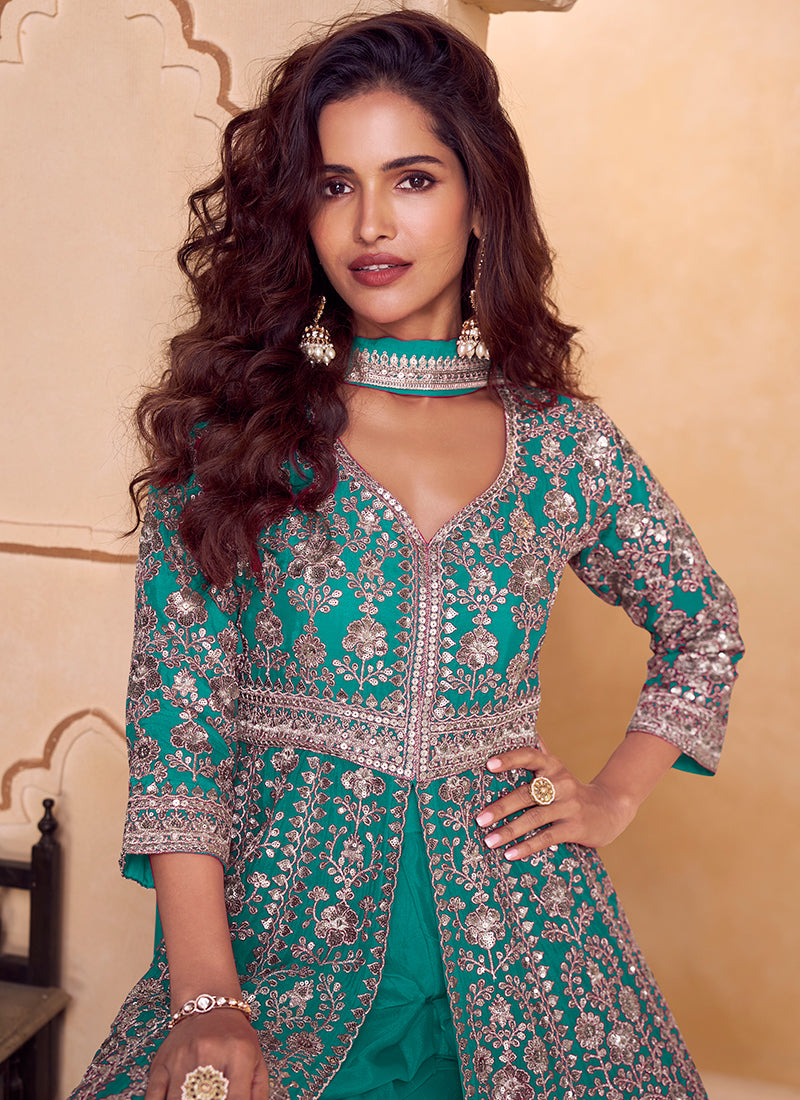 Teal Green Chinon Sequins Work  Wedding Wear Readymade Designer Suit SW692043