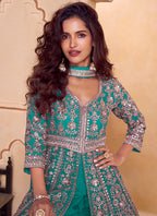 Teal Green Chinon Sequins Work  Wedding Wear Readymade Designer Suit SW692043