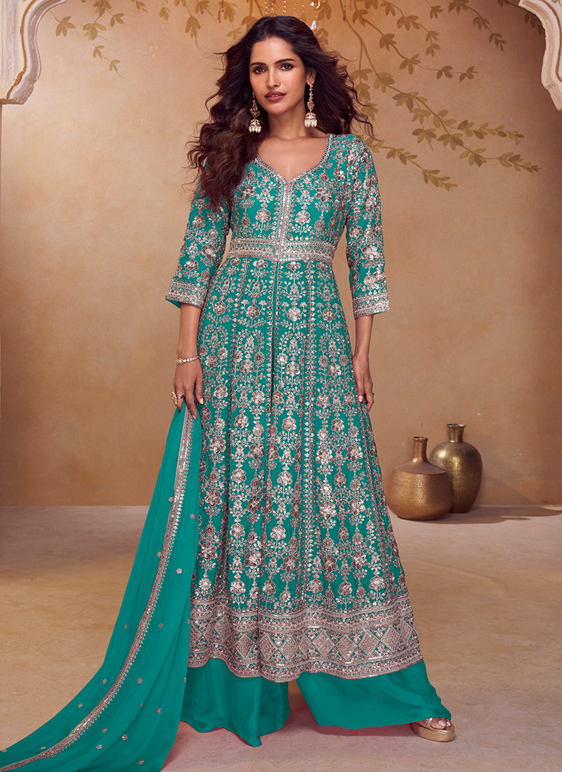 Teal Green Chinon Sequins Work  Wedding Wear Readymade Designer Suit SW692043