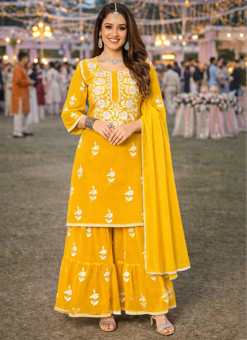 Yellow Georgette Thread Work Occasional Wear Readymade Sharara Suit SW273364