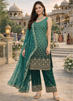 Bottle Green Georgette Sequins Work  Party Wear Readymade Plazzo Suit SW400190