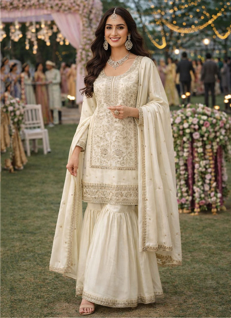 Off White Silk Embroidery Work Eid Wear Readymade Sharara Suit SW211190
