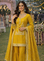 Mustard Silk Embroidery Work Eid Wear Readymade Sharara Suit SW487384