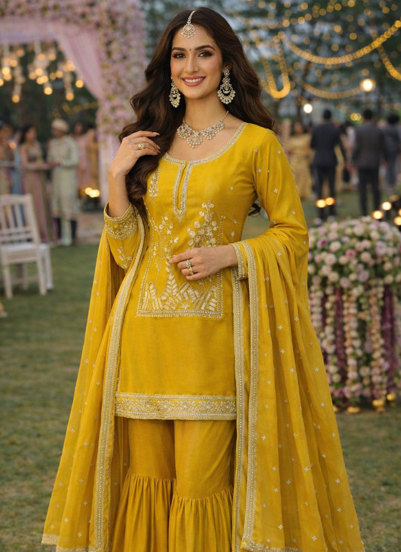 Mustard Silk Embroidery Work Eid Wear Readymade Sharara Suit SW487384