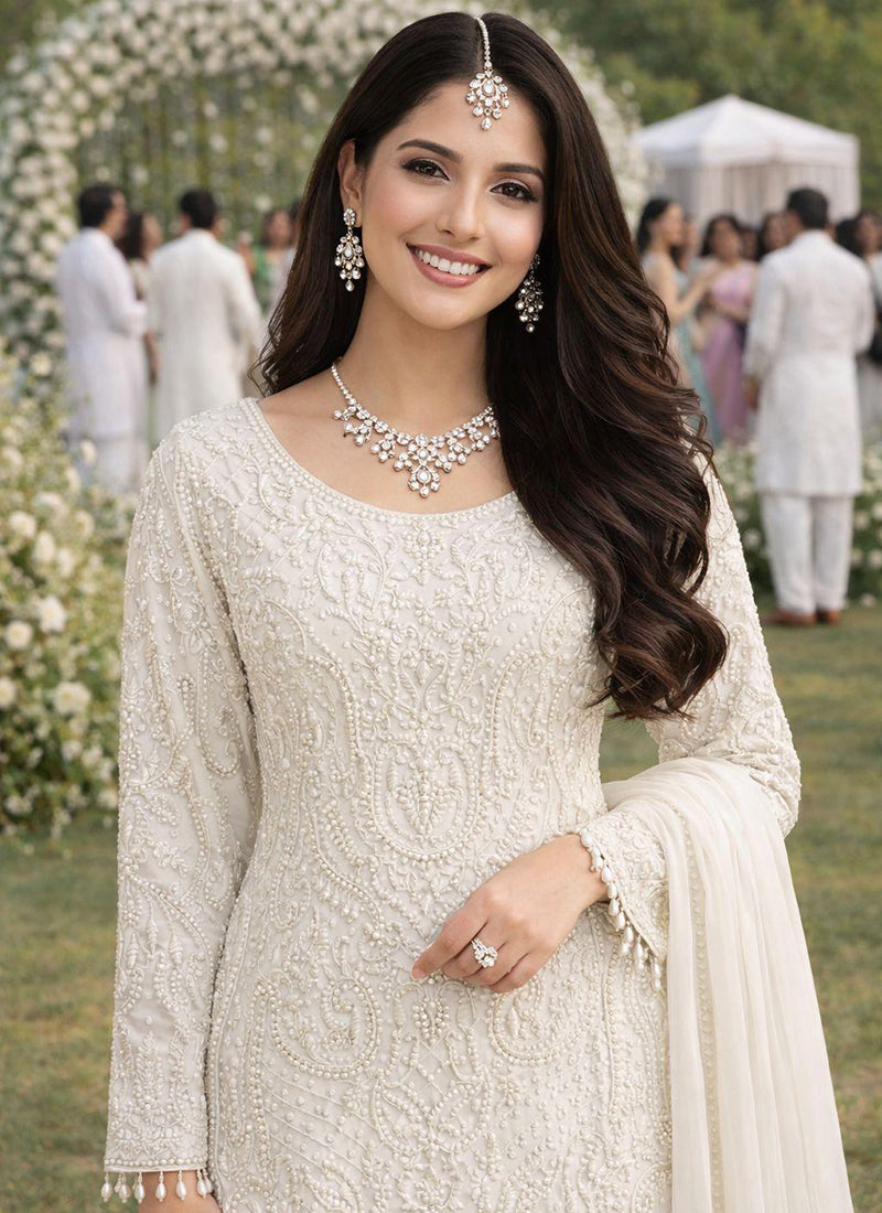 Off White Georgette Embroidery Work Party Wear Readymade Plazzo Suit SW358018