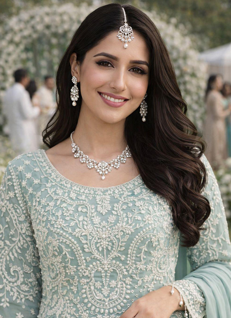 Pista Green Georgette Embroidery Work Party Wear Readymade Plazzo Suit SW169027