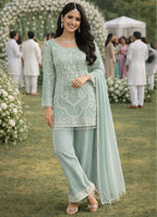 Pista Green Georgette Embroidery Work Party Wear Readymade Plazzo Suit SW169027