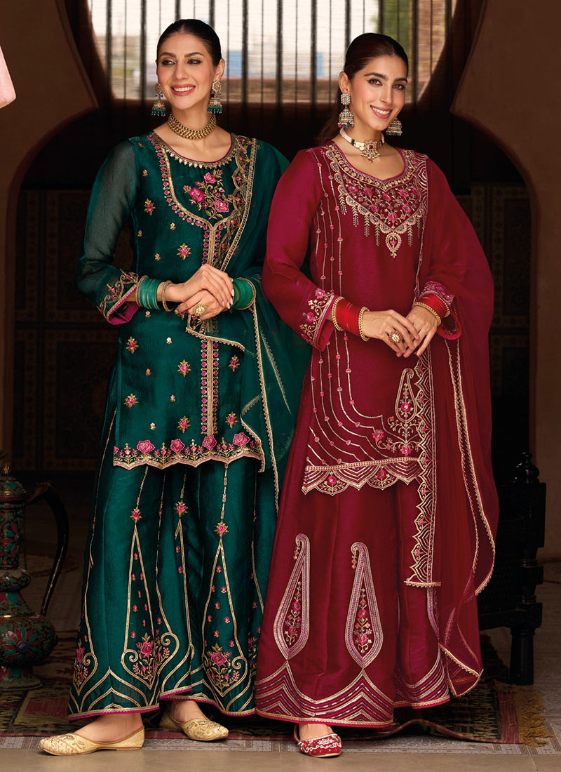 Andorra Embroidery Work Fancy Silk Festive Wear Readymade Palazzo Suit 4 Pieces Catalog
