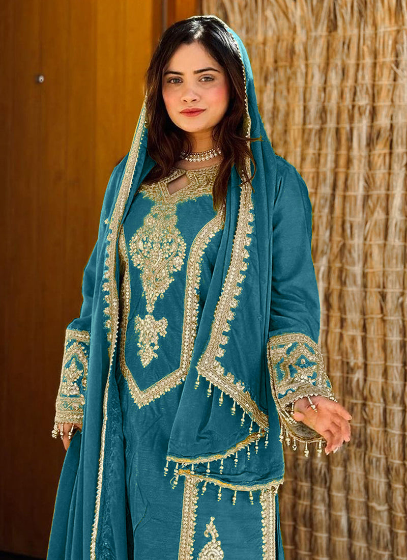 Chinnon Aqua Blue Wedding Wear Embroidery Work Readymade Pakistani Suit