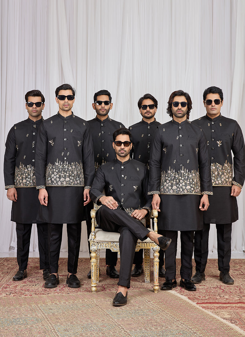 Black Art Banarasi Silk Patten Pcs Festival Wear Readymade Kurta Pajama With Jacket SW899101