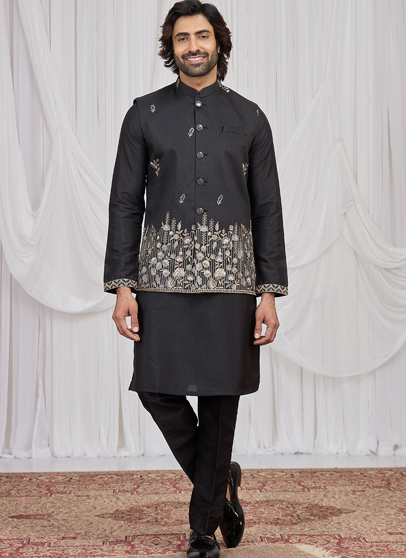 Black Art Banarasi Silk Patten Pcs Festival Wear Readymade Kurta Pajama With Jacket SW899101