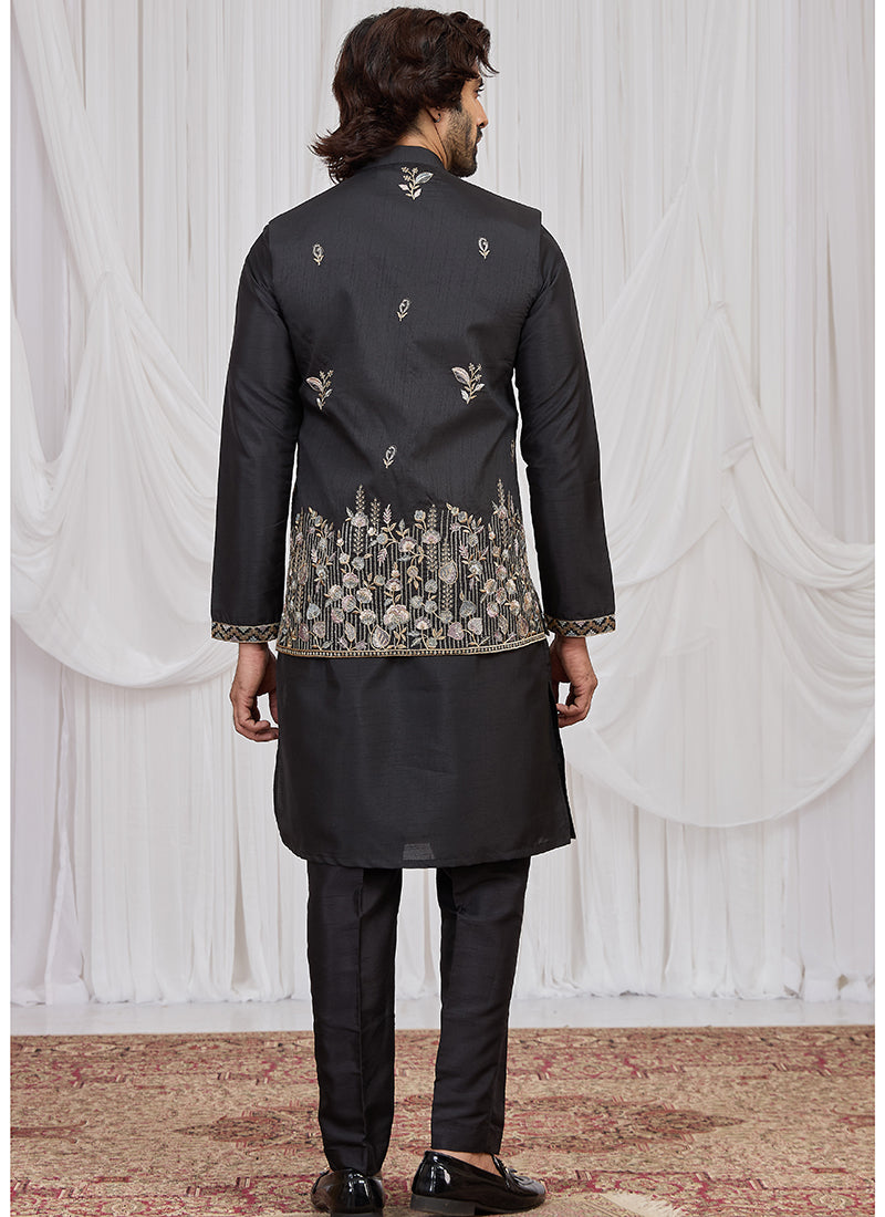 Black Art Banarasi Silk Patten Pcs Festival Wear Readymade Kurta Pajama With Jacket SW899101