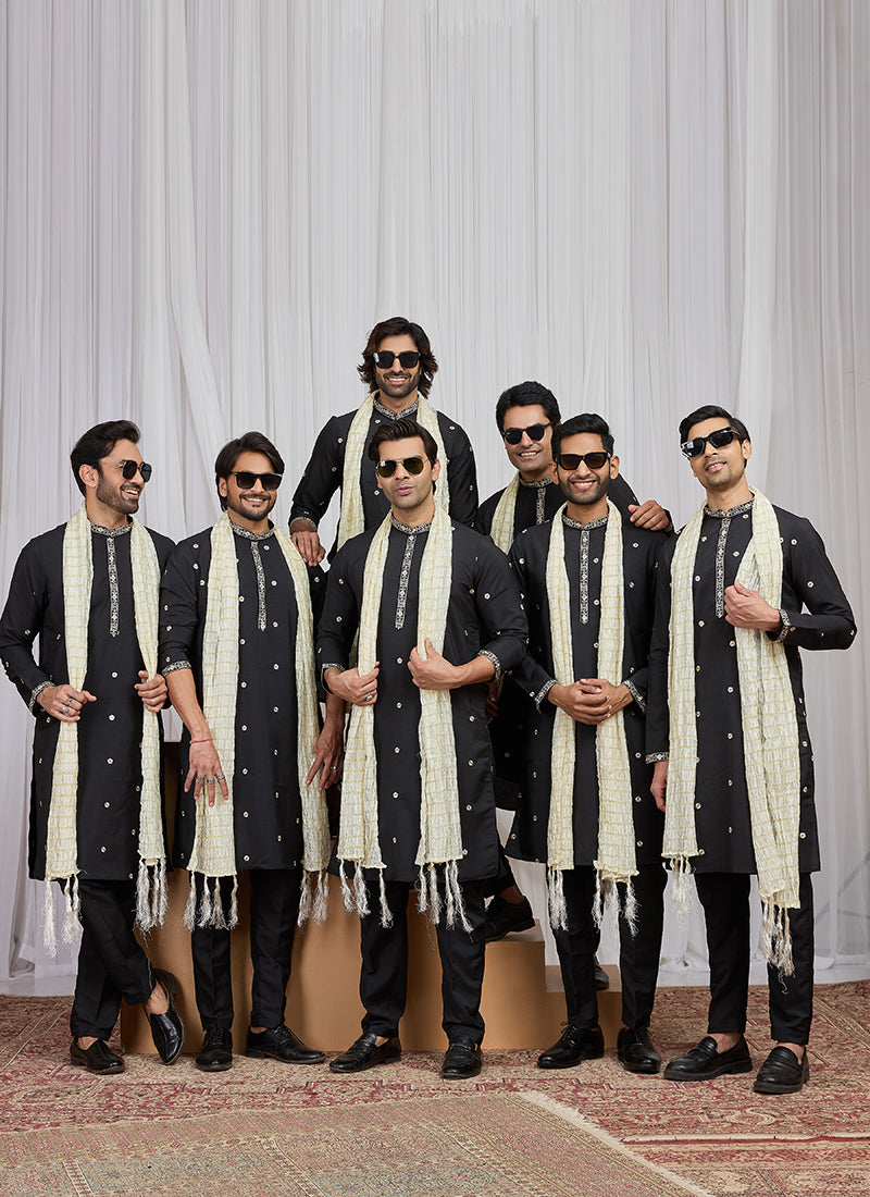 Black Art Silk Patten Pcs Occasional Wear Readymade Kurta Pajama With Stole SW428469