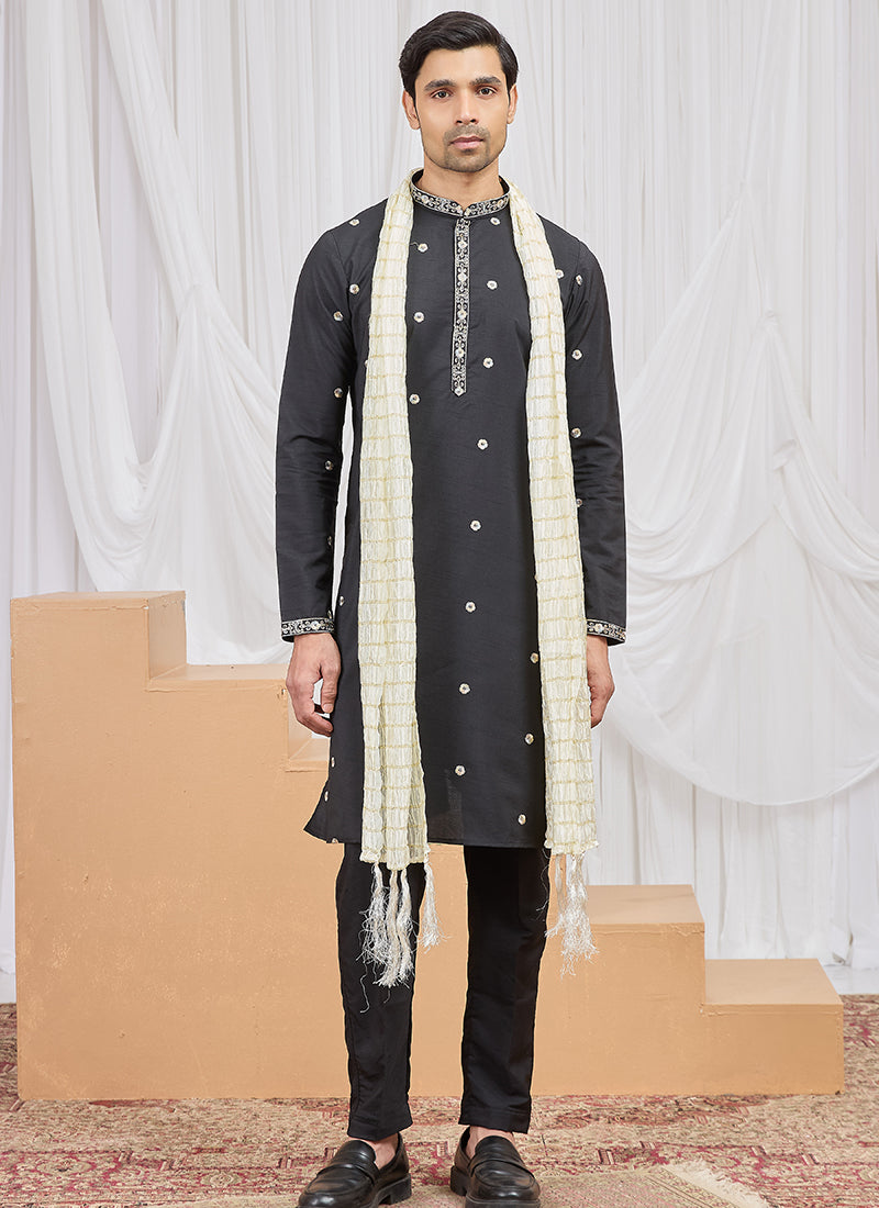 Black Art Silk Patten Pcs Occasional Wear Readymade Kurta Pajama With Stole SW428469