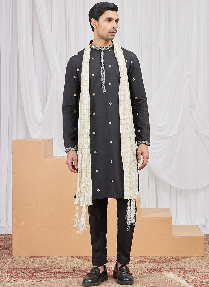 Black Art Silk Patten Pcs Occasional Wear Readymade Kurta Pajama With Stole SW428469