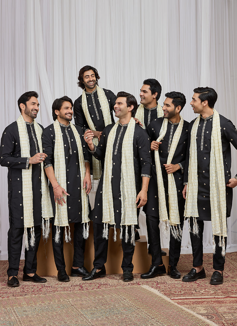 Black Art Silk Patten Pcs Occasional Wear Readymade Kurta Pajama With Stole SW193050