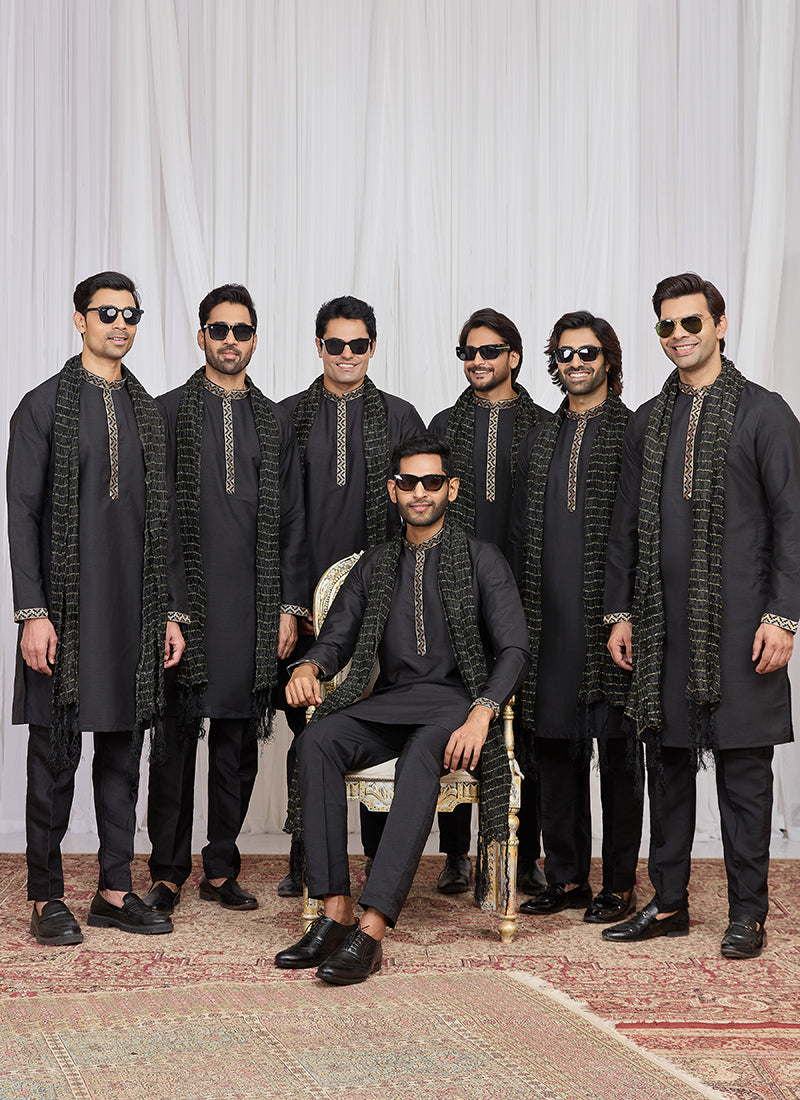 Black Art Silk Patten Pcs Occasional Wear Readymade Kurta Pajama With Stole SW193050