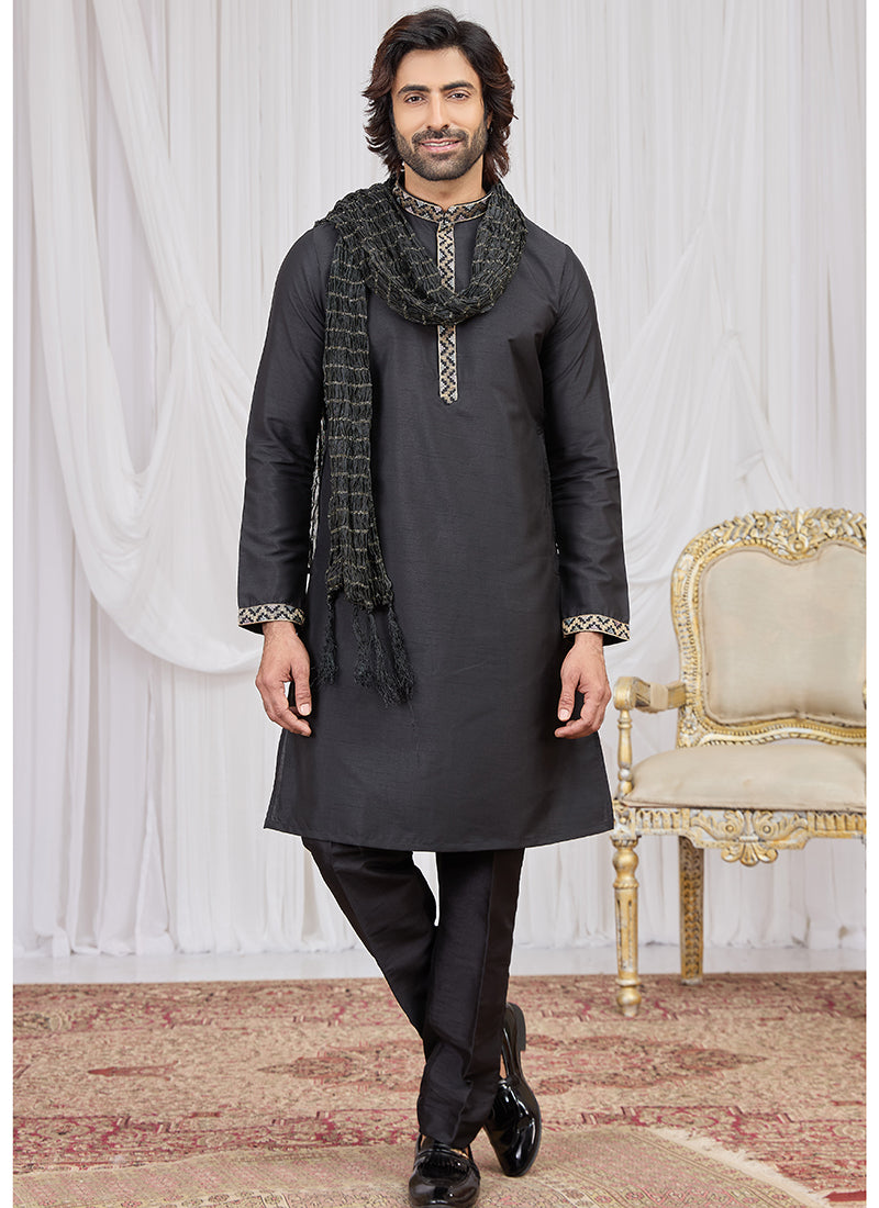 Black Art Silk Patten Pcs Occasional Wear Readymade Kurta Pajama With Stole SW193050