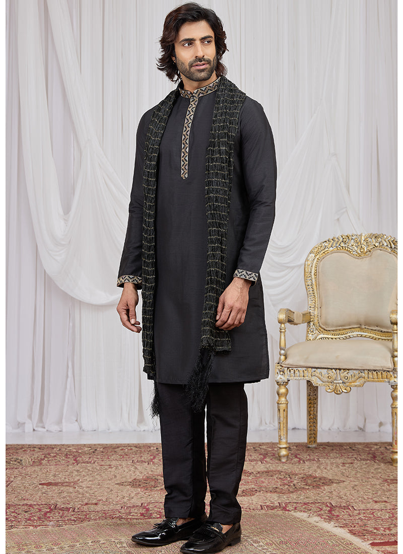 Black Art Silk Patten Pcs Occasional Wear Readymade Kurta Pajama With Stole SW193050