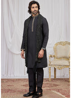 Black Art Silk Patten Pcs Occasional Wear Readymade Kurta Pajama With Stole SW193050