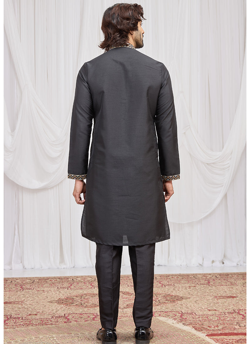 Black Art Silk Patten Pcs Occasional Wear Readymade Kurta Pajama With Stole SW193050