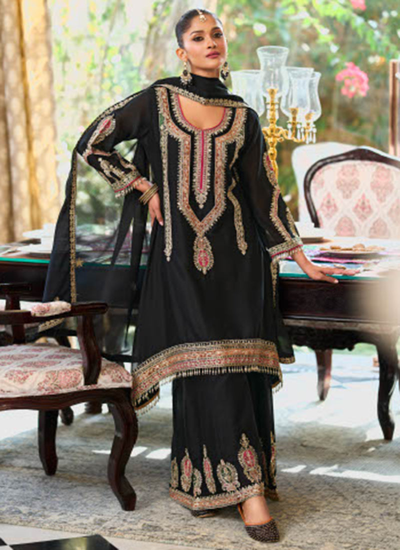 Black Chinon Embroidery Work Eid Wear Readymade Plazzo Suit SW317733