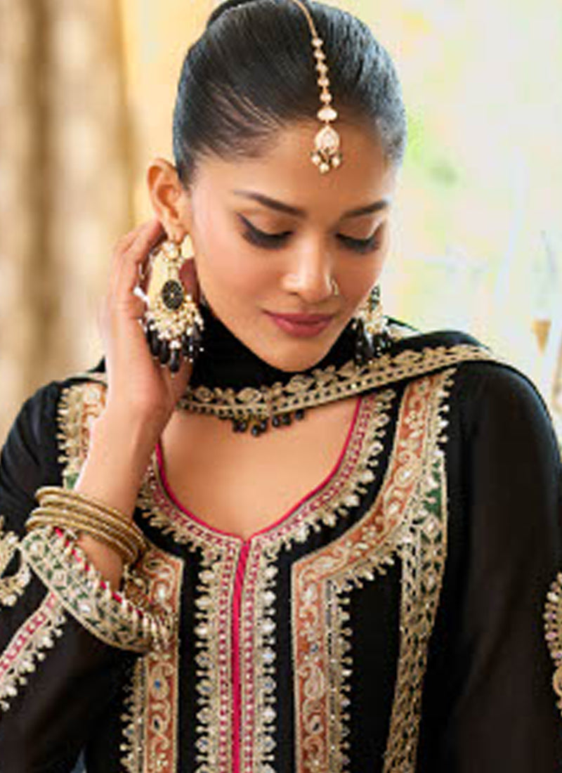 Black Chinon Embroidery Work Eid Wear Readymade Plazzo Suit SW317733