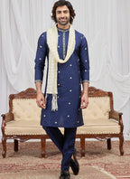 Blue Art Silk Patten Pcs Occasional Wear Readymade Kurta Pajama With Stole SW511286