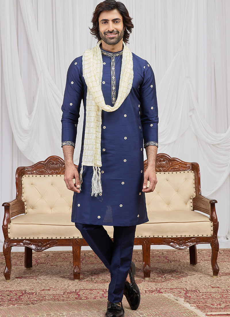 Blue Art Silk Patten Pcs Occasional Wear Readymade Kurta Pajama With Stole SW511286