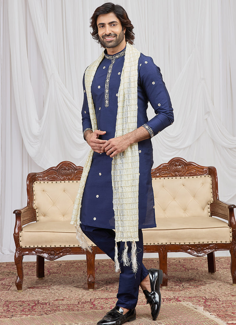 Blue Art Silk Patten Pcs Occasional Wear Readymade Kurta Pajama With Stole SW511286