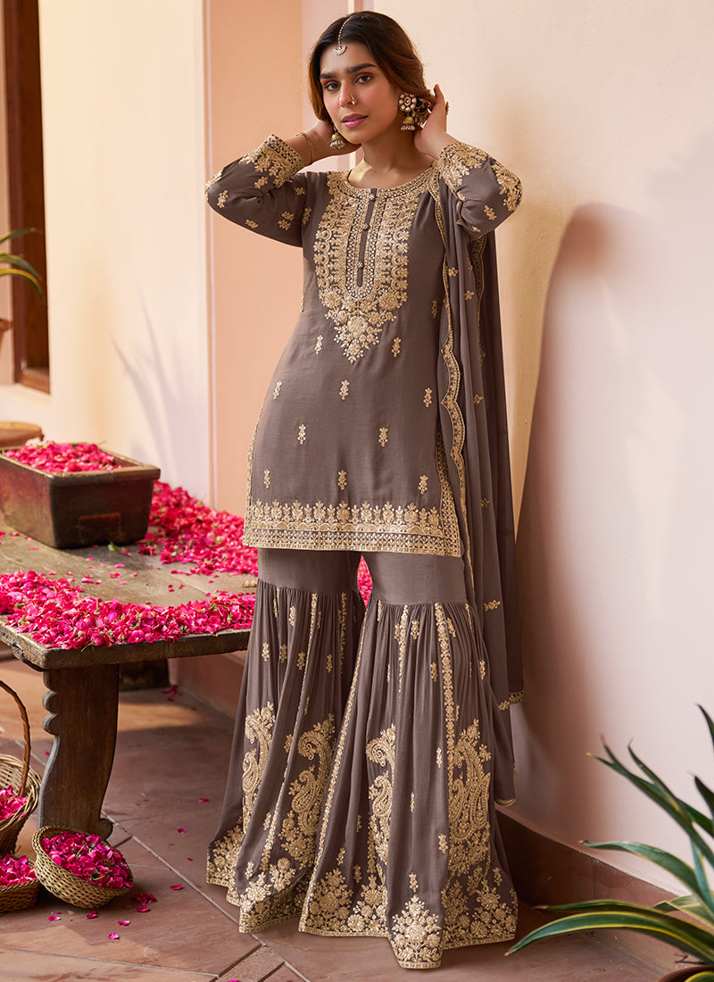 Brown Chinon Hand Work Eid Wear Readymade Sharara Suit SW660215