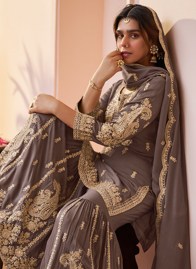 Brown Chinon Hand Work Eid Wear Readymade Sharara Suit SW660215