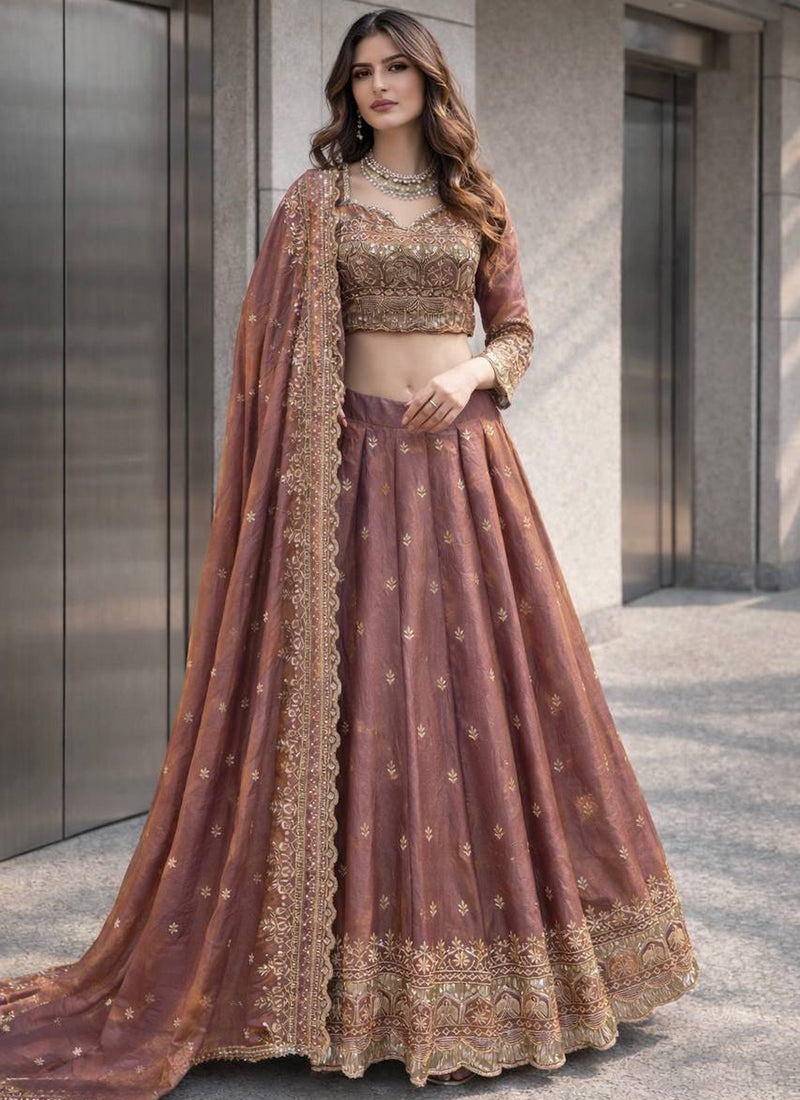 Brown Fendy Silk Sequins Work  Occasional Wear Readymade Lehenga Choli SW324797